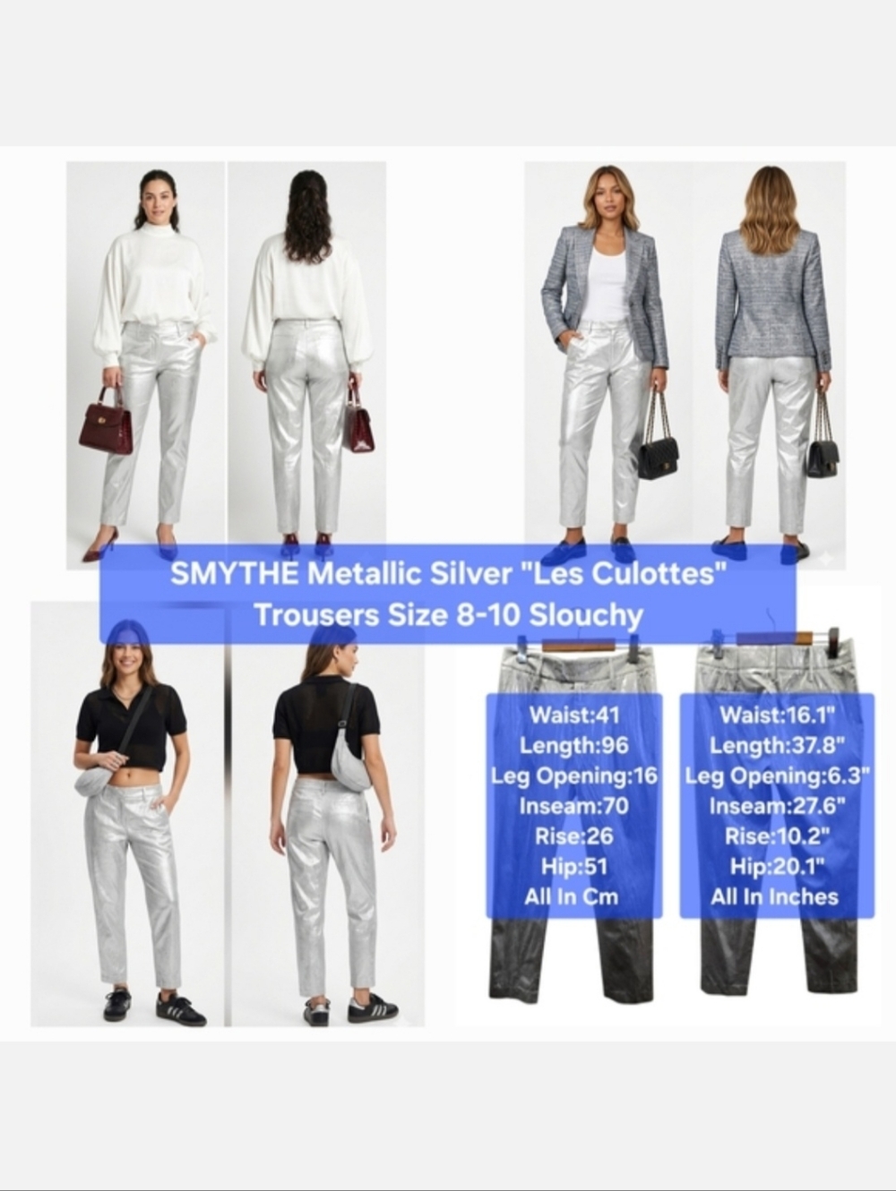 SMYTHE Metallic Silver "Les Culottes" Trousers Size 8-10 Slouchy